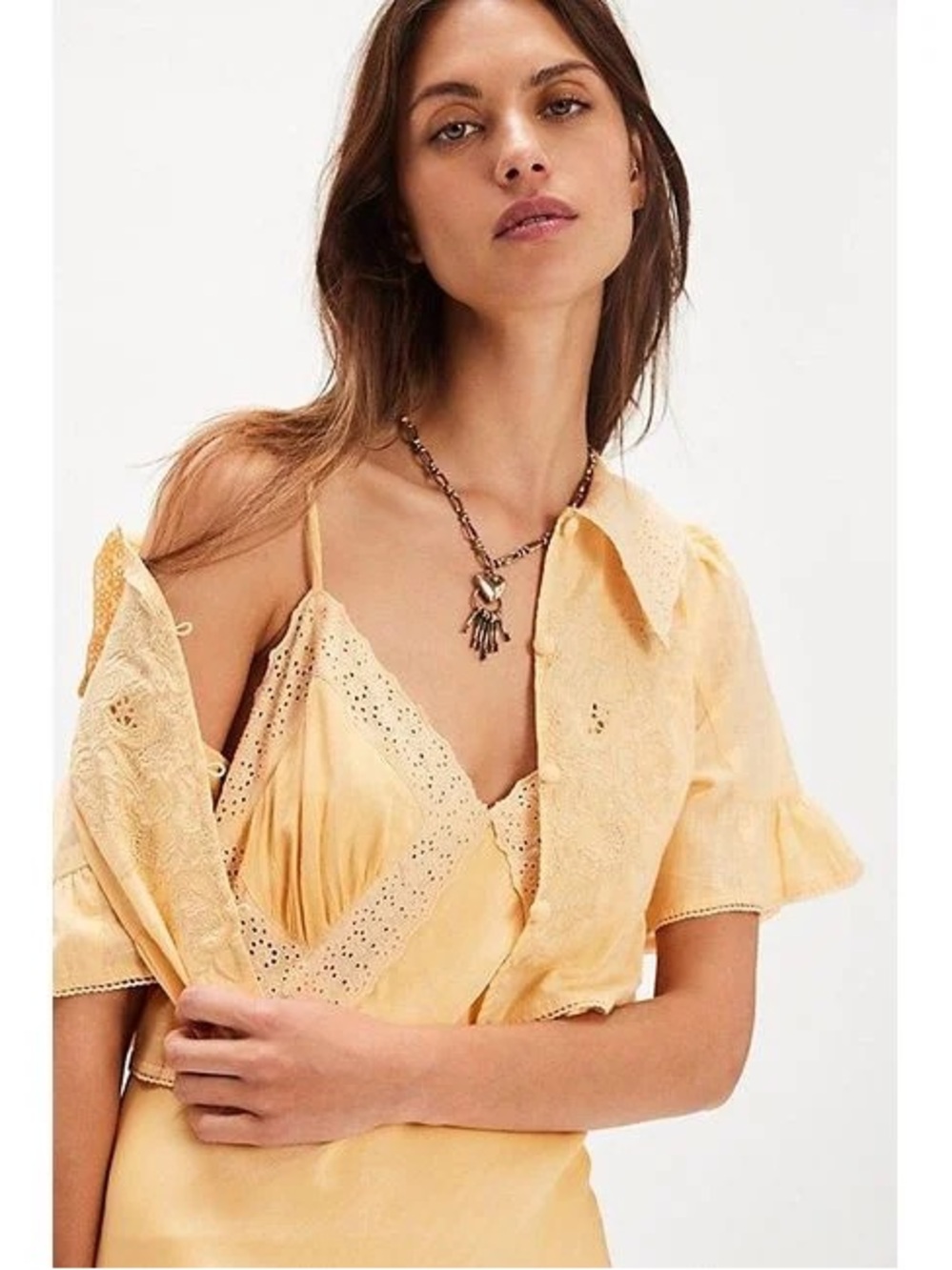 Free People Pale Yellow Maxi Dress with Cropped Lace Jacket - Picture 2 of 4